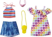 Barbie Fashions 2-Pack Clothing Set, 2 Outfits for Barbie Doll Includes Summery Off-the-Shoulder Print Dress, Striped Halter Top & Denim Shorts & 2 Accessories, Gift for Kids 3 to 8 Years Old