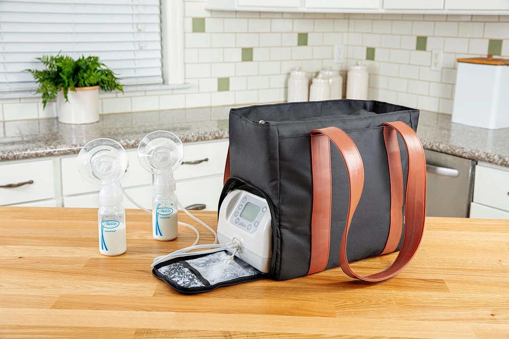 Dr. Brown’s™ Breast Pump Carryall Storage Diaper and Tote Bag - Black and Leather Brown