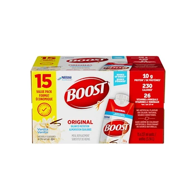 BOOST Original Vanilla Meal Replacement Drink, Source of Energy, Balanced Nutrition, 10g Protein, 230 Calories, 26 Vitamins & Minerals, No Artificial Flavours, 15ct Value Pack, 15x237ml