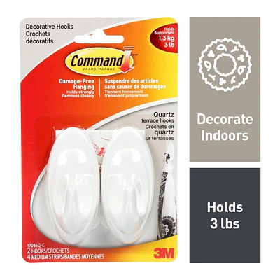 Command™ Decorative Terrace Hook 17086Q-C, Medium, 2 Hooks, 4 Strips, 3 lb