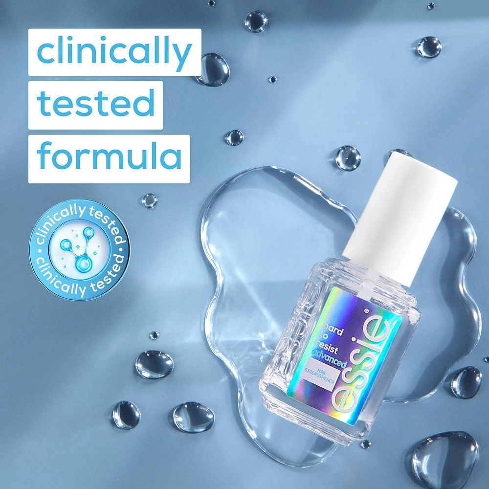 soin fortifiant avancé pour les ongles essie hard to resist advanced, formule végétalienne exempte de 8 ingrédients nocifs avec technologie enrichie de MSM, transparent, 13,5 ml Cette formule teintée transparente renforce les ongles mous et abîmés tout en rendant les ongles visiblement plus sains après 3 jours