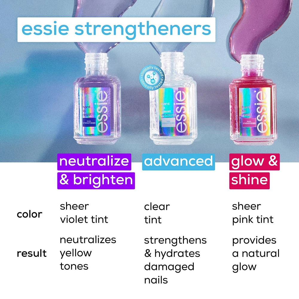 soin fortifiant avancé pour les ongles essie hard to resist advanced, formule végétalienne exempte de 8 ingrédients nocifs avec technologie enrichie de MSM, transparent, 13,5 ml Cette formule teintée transparente renforce les ongles mous et abîmés tout en rendant les ongles visiblement plus sains après 3 jours