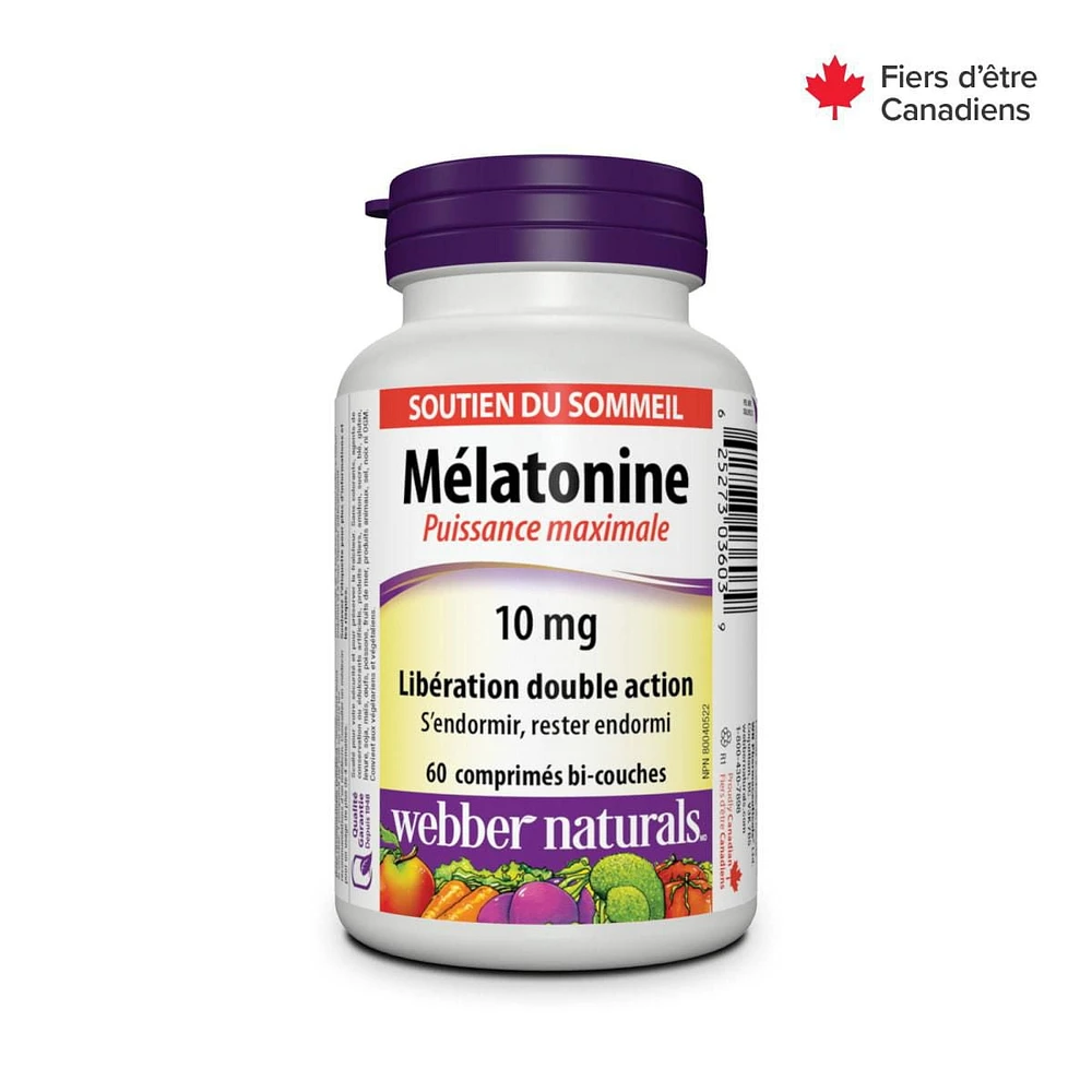 Webber Naturals Puissance maximale Mélatonine Libération double action, 10 mg 60 comprimés bi-couches