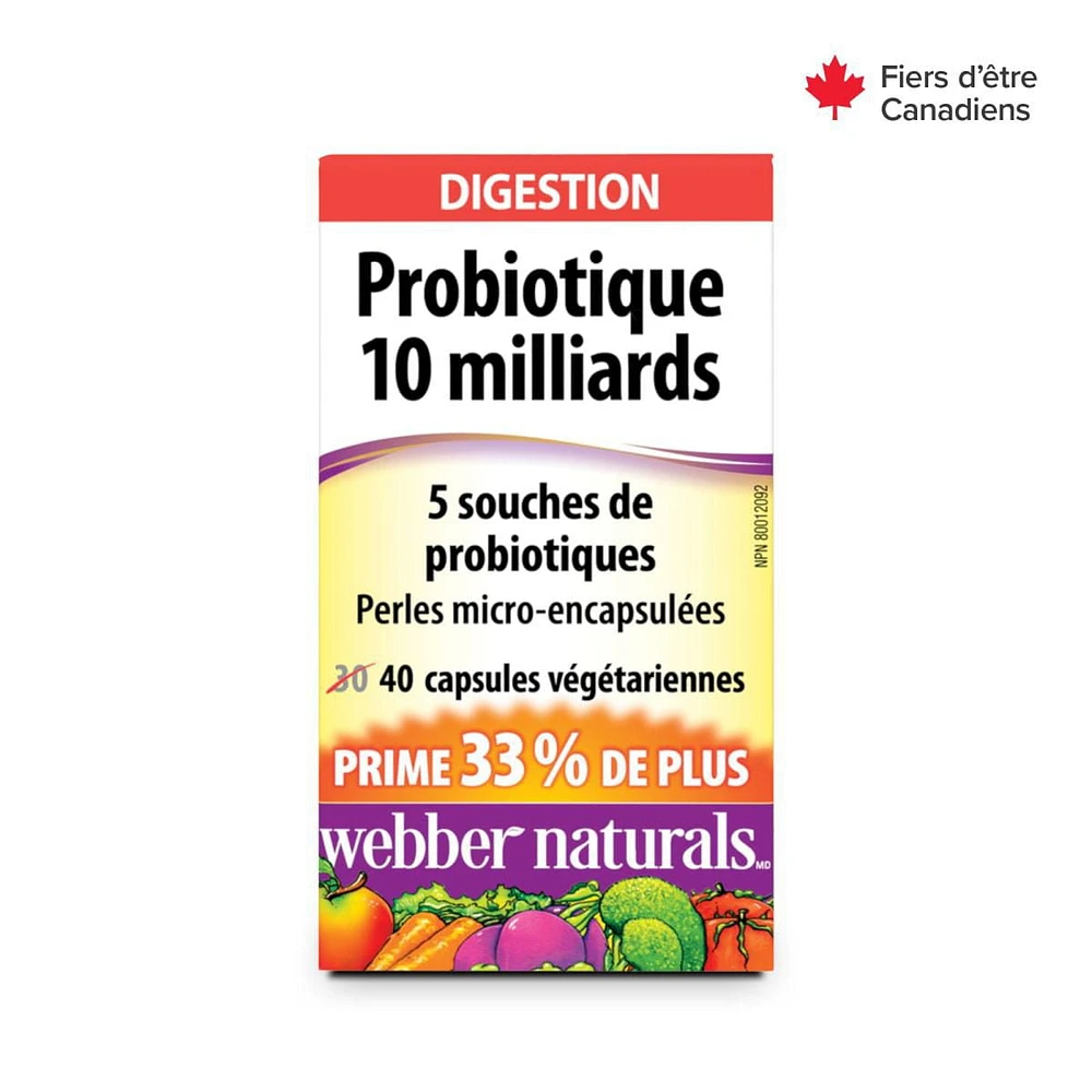 Webber Naturals® Probiotic 10 Billion 5 Probiotic Strains, 40 Capsules, BONUS! 33% More