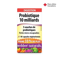 Webber Naturals® Probiotic 10 Billion 5 Probiotic Strains, 40 Capsules, BONUS! 33% More