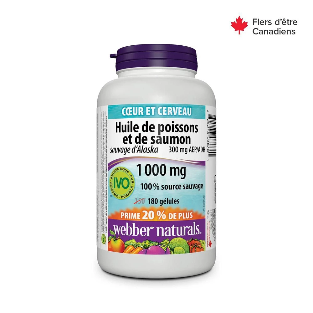 Webber Naturals Huile de poissons et de saumon sauvage d’Alaska, 1 000 mg 150 + 30 gélules, PRIMES !