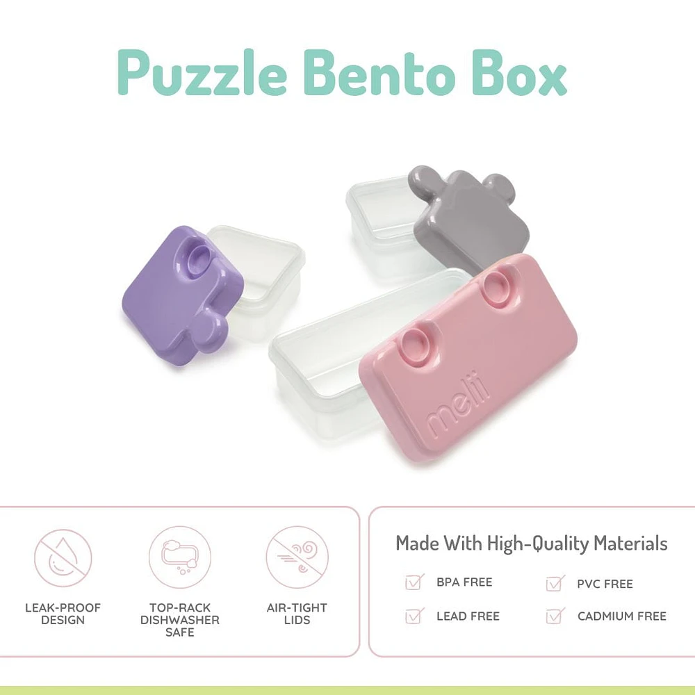 melii Puzzle Bento Box Container for Kids, 3 Compartments- Pink, Purple, Grey