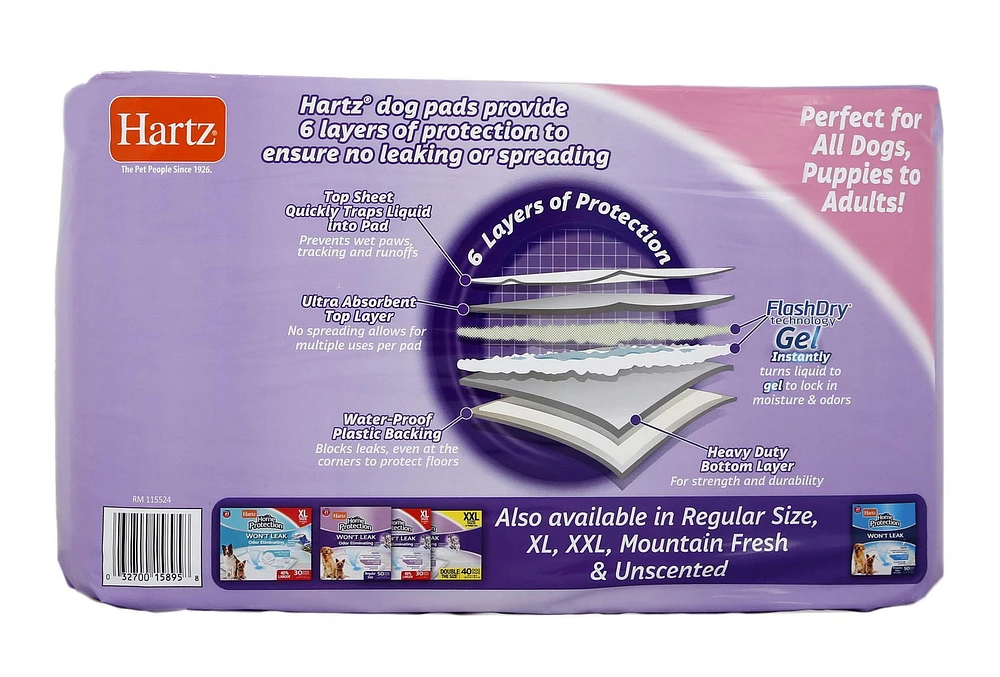 Hartz Home Protection Odour Eliminating Dog Pee Pads and Training Pads for Puppies and Adult Dogs 3XL, 30ct Dog Pad (36"x36")