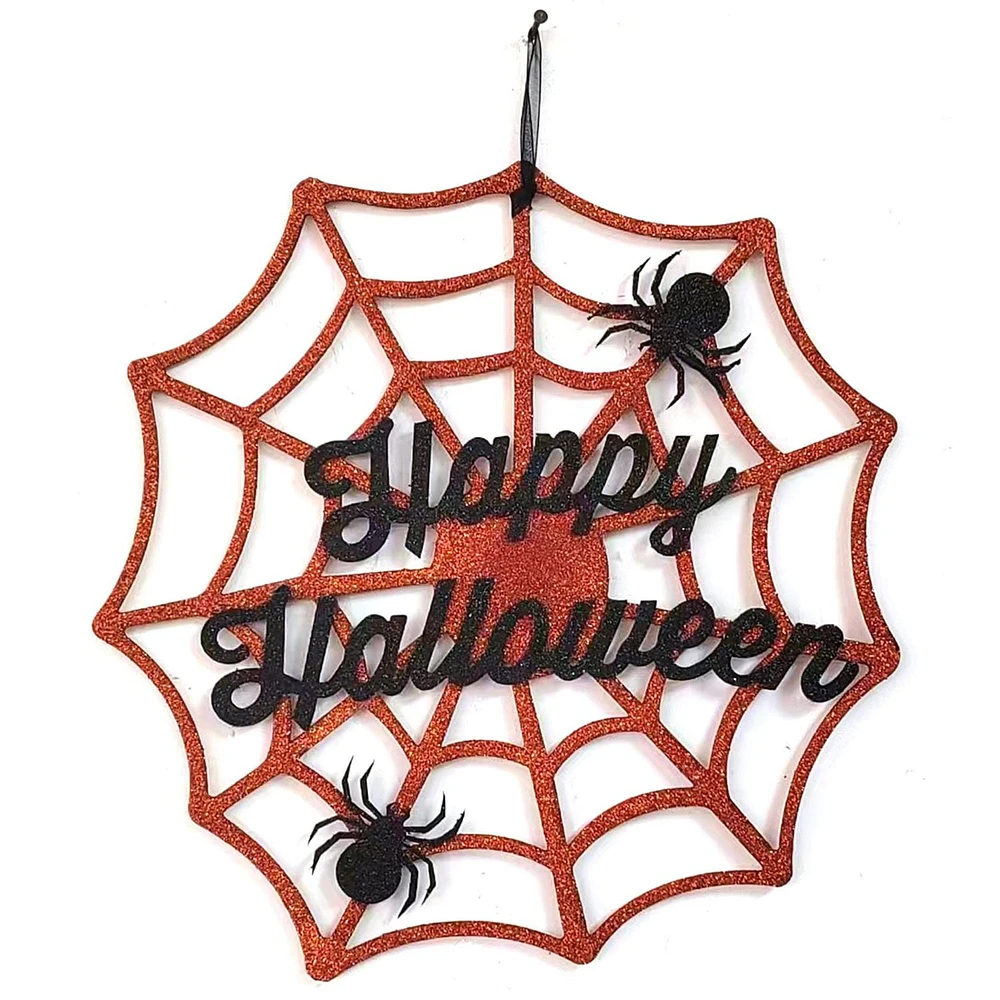 Halloween orange web wreath with spider