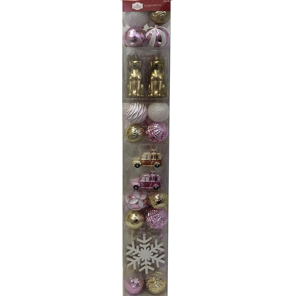 Holiday Time Christmas Ornament Set, Pink , White, and Gold, 70 Count