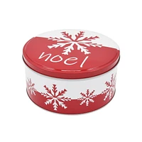 Holiday Time Christmas Red Snowflake Round Tin Gift Storage Container Medium, 6.8 x 6.8 x 3.4 inches, 1 piece, FESTIVE ROUND TIN