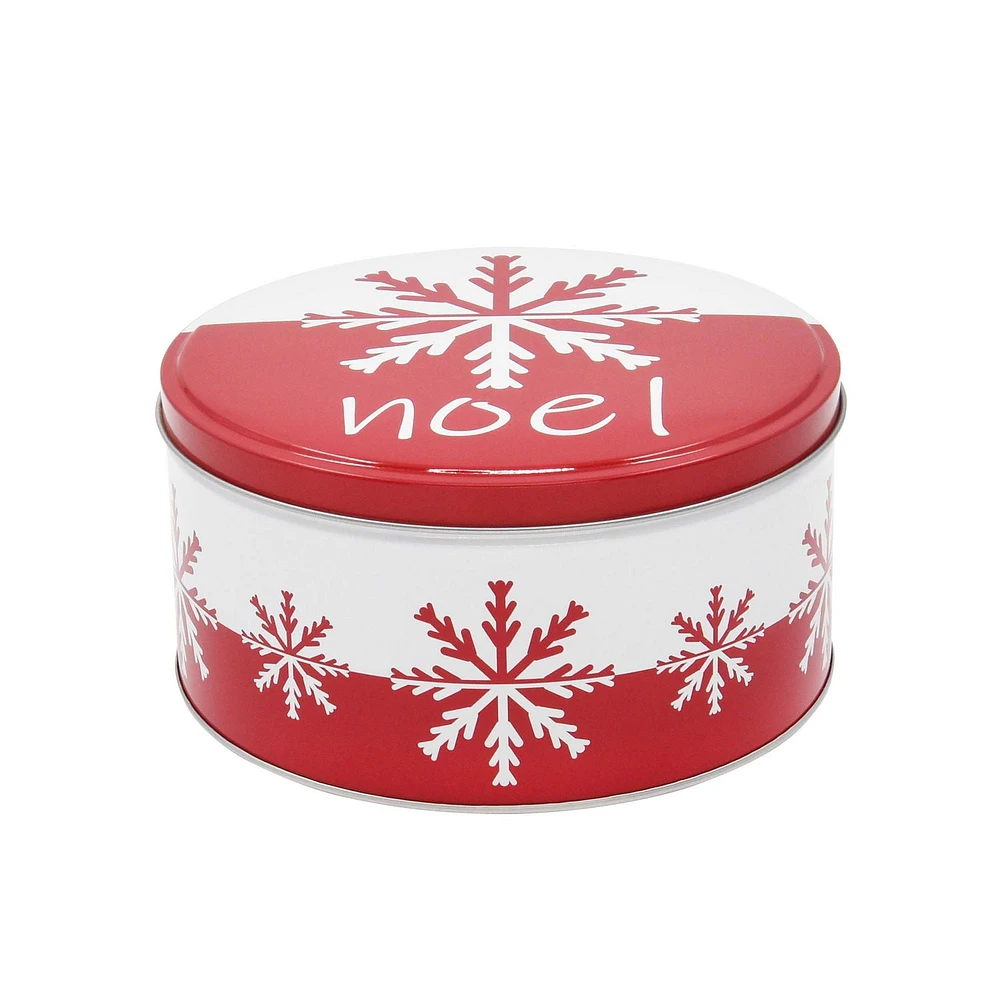 Holiday Time Christmas Red Snowflake Round Tin Gift Storage Container Medium, 6.8 x 6.8 x 3.4 inches, 1 piece, FESTIVE ROUND TIN