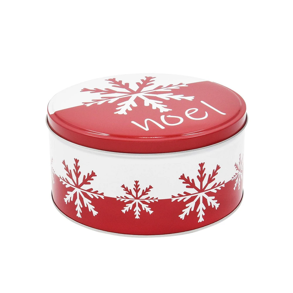 Holiday Time Christmas Red Snowflake Round Tin Gift Storage Container Medium, 6.8 x 6.8 x 3.4 inches, 1 piece, FESTIVE ROUND TIN