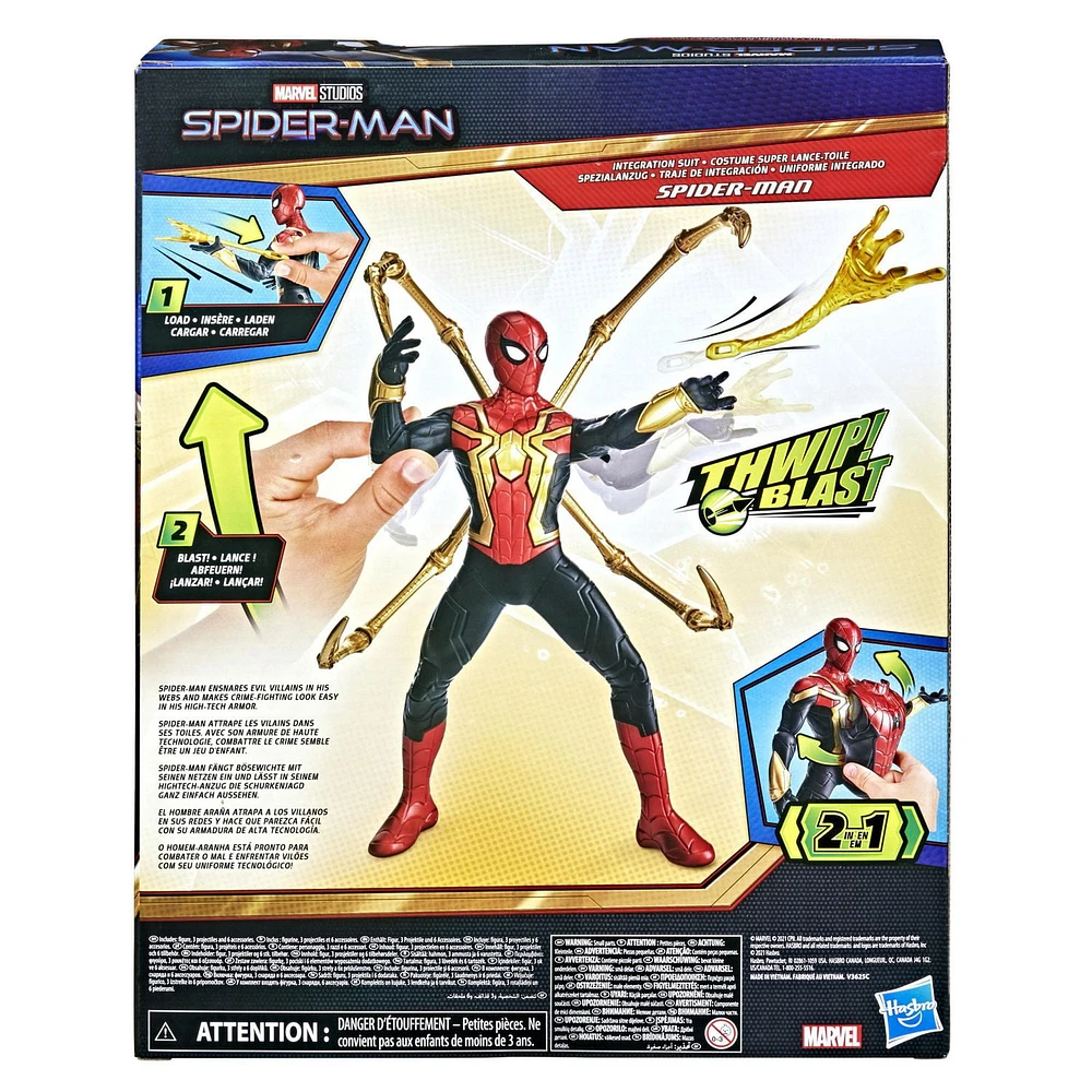 Marvel Spider-Man Deluxe 13-Inch-Scale Thwip Blast Integrated Suit Spider-Man Action Figure, Suit Upgrades, and Web Blaster Accessory