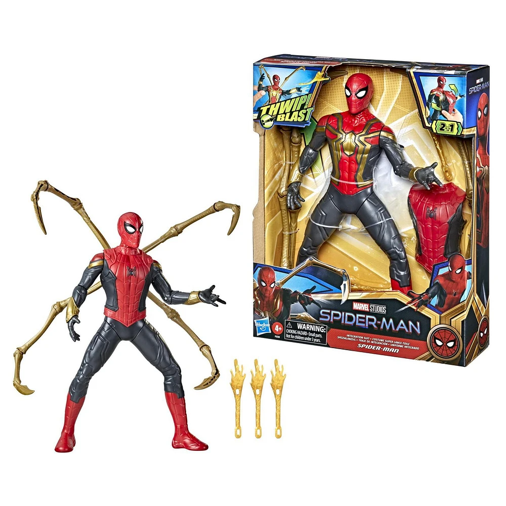 Marvel Spider-Man Deluxe 13-Inch-Scale Thwip Blast Integrated Suit Spider-Man Action Figure, Suit Upgrades, and Web Blaster Accessory