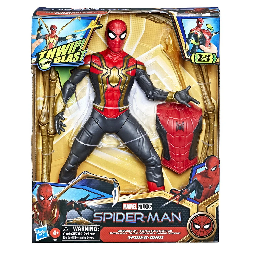 Marvel Spider-Man Deluxe 13-Inch-Scale Thwip Blast Integrated Suit Spider-Man Action Figure, Suit Upgrades, and Web Blaster Accessory