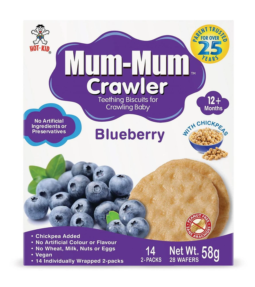 Mum-Mum Crawler Teething Biscuits for Crawling Baby - Blueberry Flavor, -Chickepea Added<br>-No Artificial Colour or Flavour <br>-No Wheat, Milk, Nuts, or Eggs<br>-Vegan<br>-14 Individually Wrapped 2-Packs