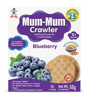 Mum-Mum Crawler Teething Biscuits for Crawling Baby - Blueberry Flavor, -Chickepea Added<br>-No Artificial Colour or Flavour <br>-No Wheat, Milk, Nuts, or Eggs<br>-Vegan<br>-14 Individually Wrapped 2-Packs