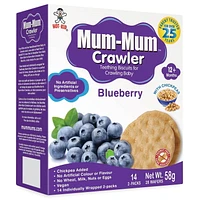 Mum-Mum Crawler Teething Biscuits for Crawling Baby - Blueberry Flavor, -Chickepea Added<br>-No Artificial Colour or Flavour <br>-No Wheat, Milk, Nuts, or Eggs<br>-Vegan<br>-14 Individually Wrapped 2-Packs