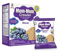 Mum-Mum Crawler Teething Biscuits for Crawling Baby - Blueberry Flavor, -Chickepea Added<br>-No Artificial Colour or Flavour <br>-No Wheat, Milk, Nuts, or Eggs<br>-Vegan<br>-14 Individually Wrapped 2-Packs