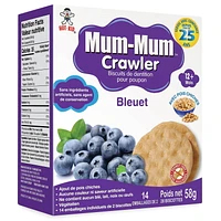 Mum-Mum Crawler Teething Biscuits for Crawling Baby - Blueberry Flavor, -Chickepea Added<br>-No Artificial Colour or Flavour <br>-No Wheat, Milk, Nuts, or Eggs<br>-Vegan<br>-14 Individually Wrapped 2-Packs