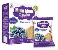 Mum-Mum Crawler Teething Biscuits for Crawling Baby - Blueberry Flavor, -Chickepea Added<br>-No Artificial Colour or Flavour <br>-No Wheat, Milk, Nuts, or Eggs<br>-Vegan<br>-14 Individually Wrapped 2-Packs