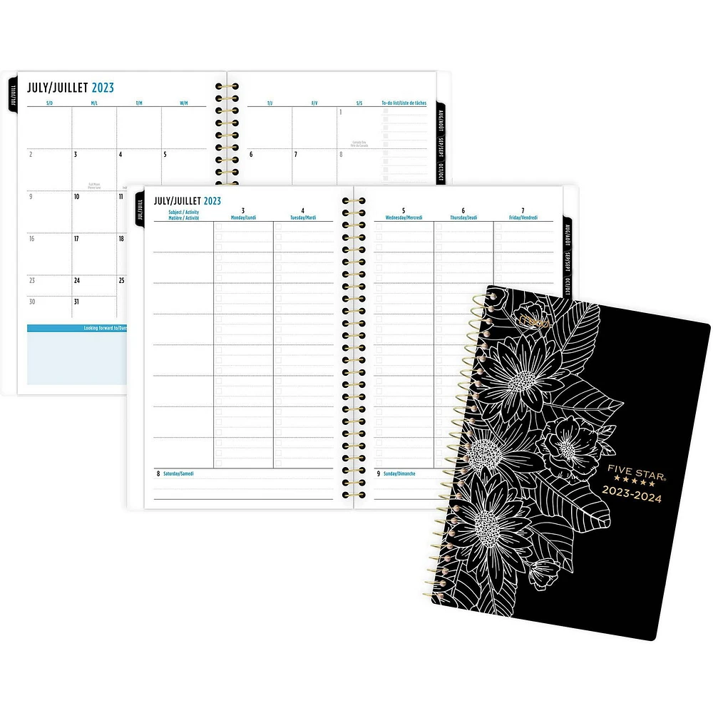 Five Star® Black & White Floral Small Academic Weekly/Monthly Planner, Weekly/Monthly Planner