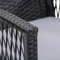 CorLiving Parksville 4-Piece Black Resin Wicker and Steel Flared Leg Patio Conversation Set with Chairs, Loveseat & Table and Light Grey Cushions