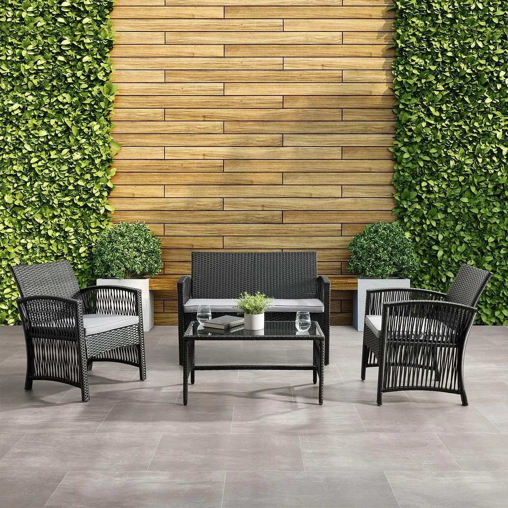 CorLiving Parksville 4-Piece Black Resin Wicker and Steel Flared Leg Patio Conversation Set with Chairs, Loveseat & Table and Light Grey Cushions