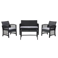 CorLiving Parksville 4-Piece Black Resin Wicker and Steel Flared Leg Patio Conversation Set with Chairs, Loveseat & Table and Light Grey Cushions