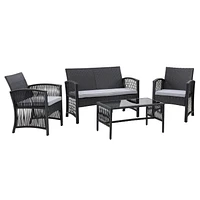 CorLiving Parksville 4-Piece Black Resin Wicker and Steel Flared Leg Patio Conversation Set with Chairs, Loveseat & Table and Light Grey Cushions