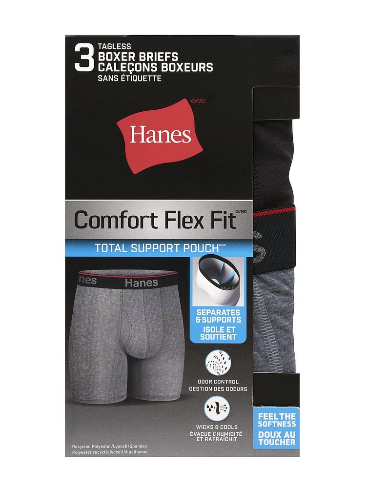 Caleçons boxeurs sans étiquette Hanes pour hommes Comfort Flex Fit - Pochette de soutien total - Paquet de 3 Doublure en filet respirant qui sépare et soutient