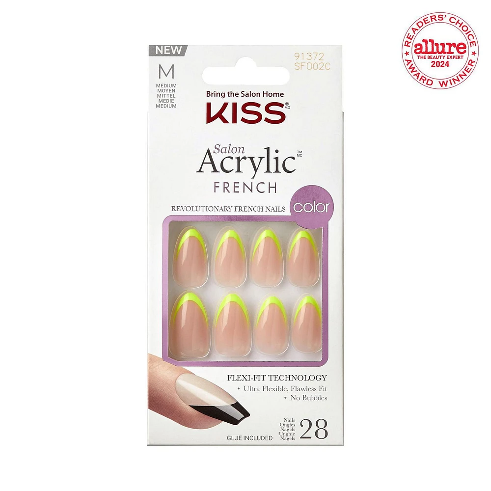 KISS Salon Acrylic French, Hype, Jaune Neon, Moyen Amande, 28u. 10 mL
