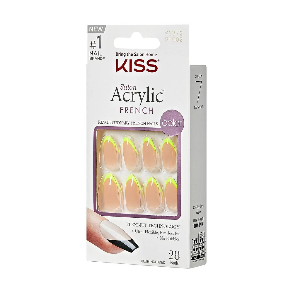 KISS Salon Acrylic French, Hype, Jaune Neon, Moyen Amande, 28u. 10 mL