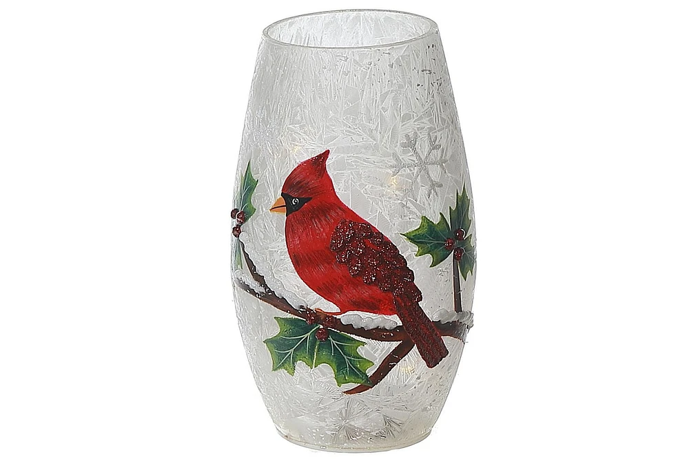 Frosted Holly Berry Cardinal Glass Perch Holiday Vase