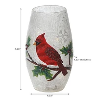 Frosted Holly Berry Cardinal Glass Perch Holiday Vase