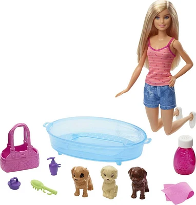 Barbie Doll, Blonde, and Playset with 3 Puppies, Bathtub and Accessories, Ages 3+