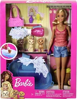 Barbie Doll, Blonde, and Playset with 3 Puppies, Bathtub and Accessories, Ages 3+