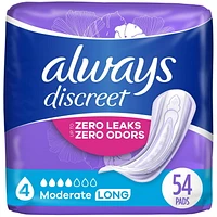 Always Discreet Adult Incontinence Pads for Women, Moderate Absorbency, Long Length, Postpartum Pads, 54CT