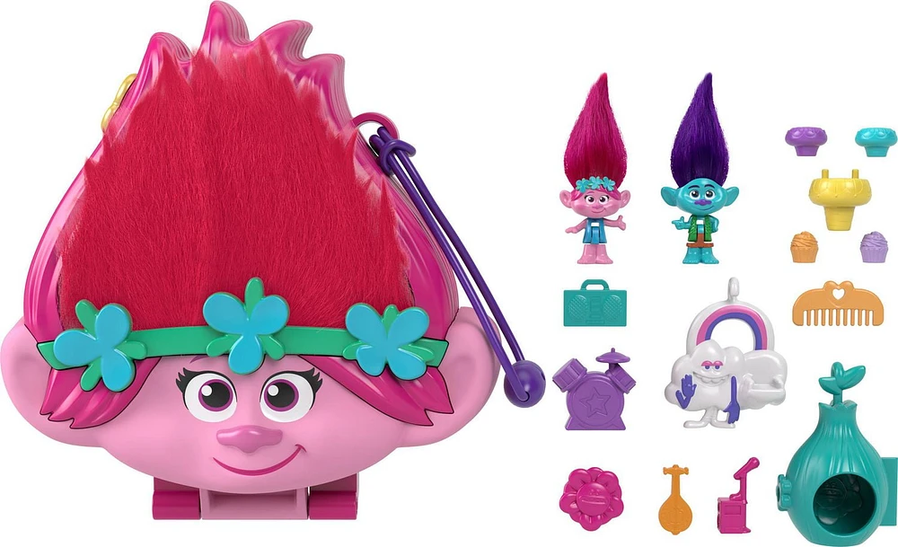 Polly Pocket & DreamWorks Trolls Compact Playset with Poppy & Branch Dolls & 13 Accessories, Ages 4+