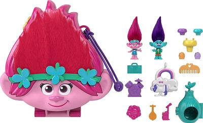 Polly Pocket & DreamWorks Trolls Compact Playset with Poppy & Branch Dolls & 13 Accessories, Ages 4+