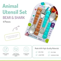 melii Spoon, Fork & Knife Set, Stainless Steel – Bulldog, Cat, Shark, Bear – BPA Free, Dishwasher safe