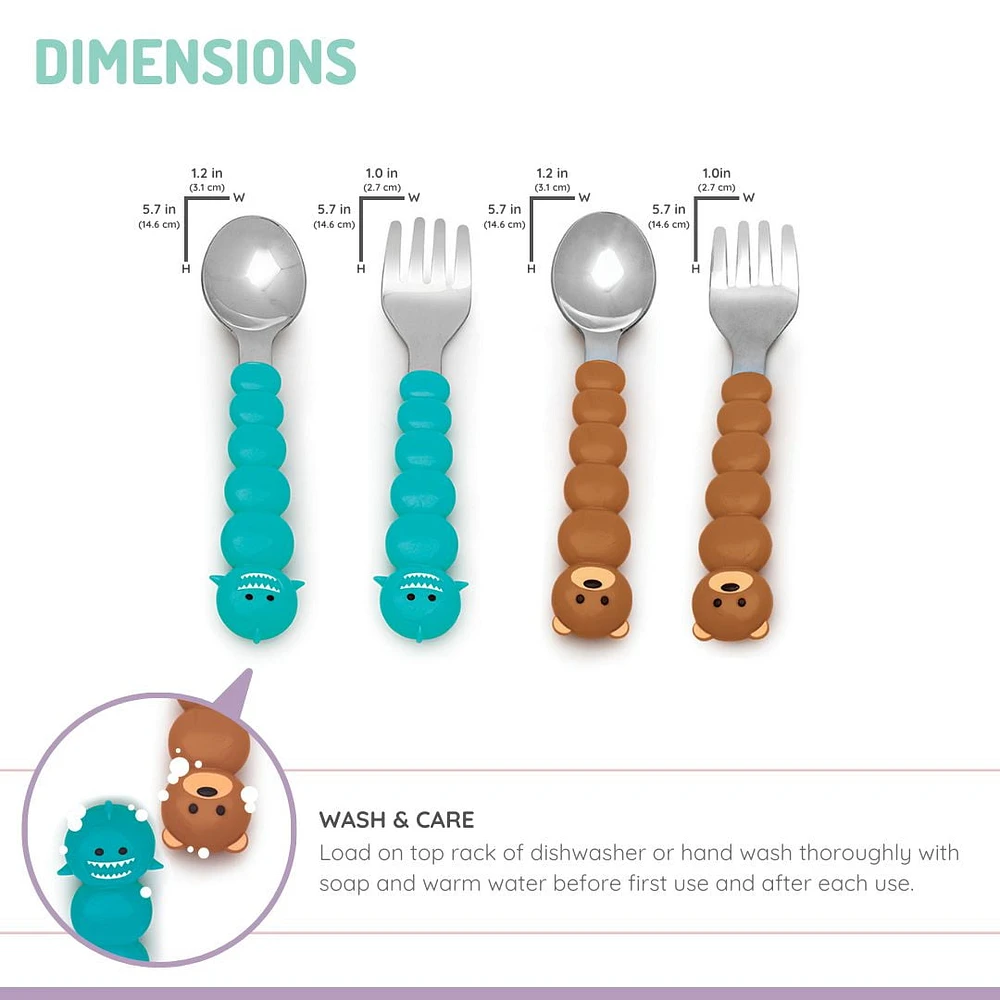 melii Spoon, Fork & Knife Set, Stainless Steel – Bulldog, Cat, Shark, Bear – BPA Free, Dishwasher safe