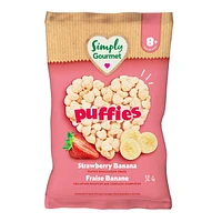 Simply Gourmet Puffies Strawberry Banana baby snack, Puffed grain snacks