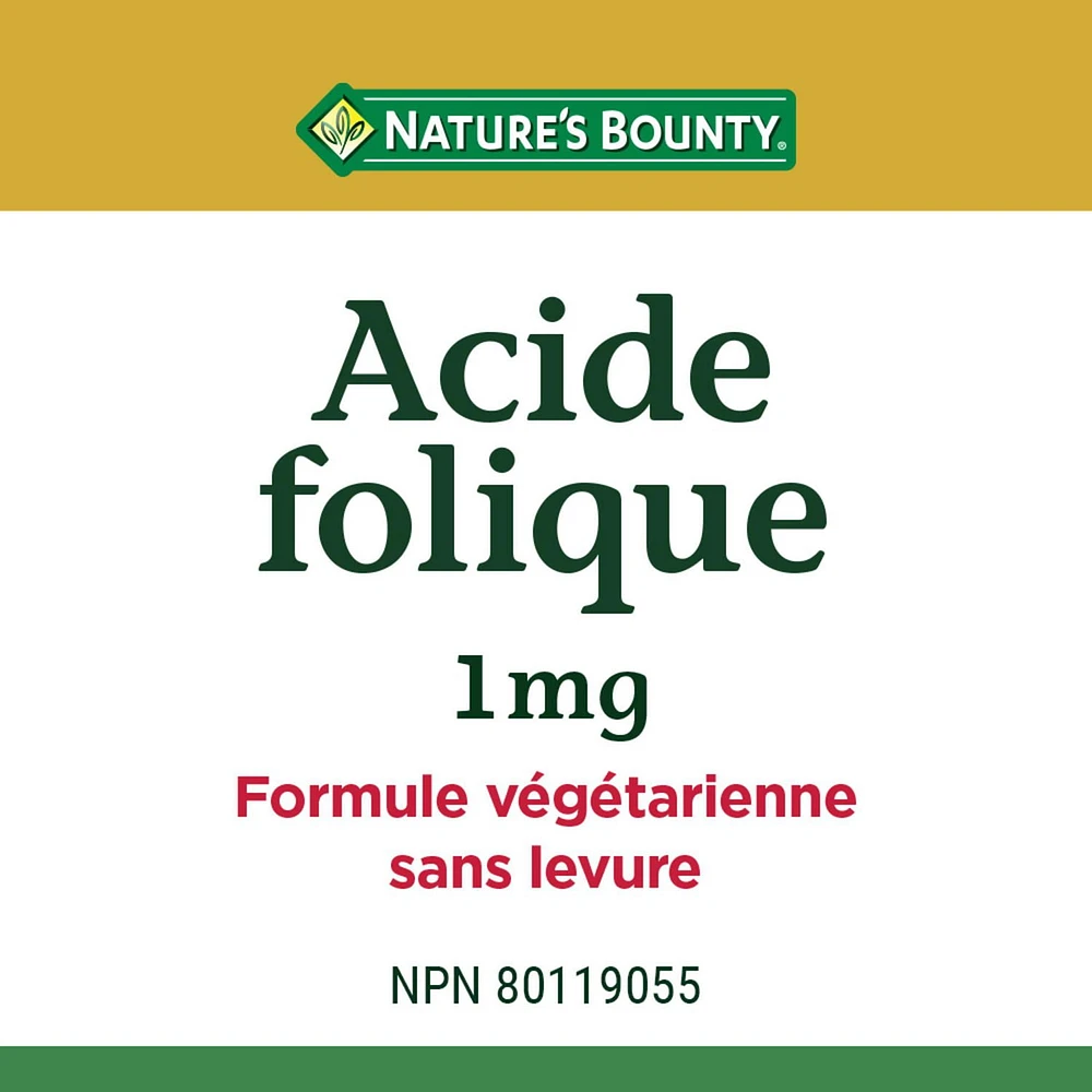 NATURE'S BOUNTY Folic Acid Supplement, 1 mg, Helps Reduce Risk Of Neural Tube Defects, For Women 19 And Older, Yeast-free, Vegetarian, 150 Tablets 150.0 count, 150 Tablets