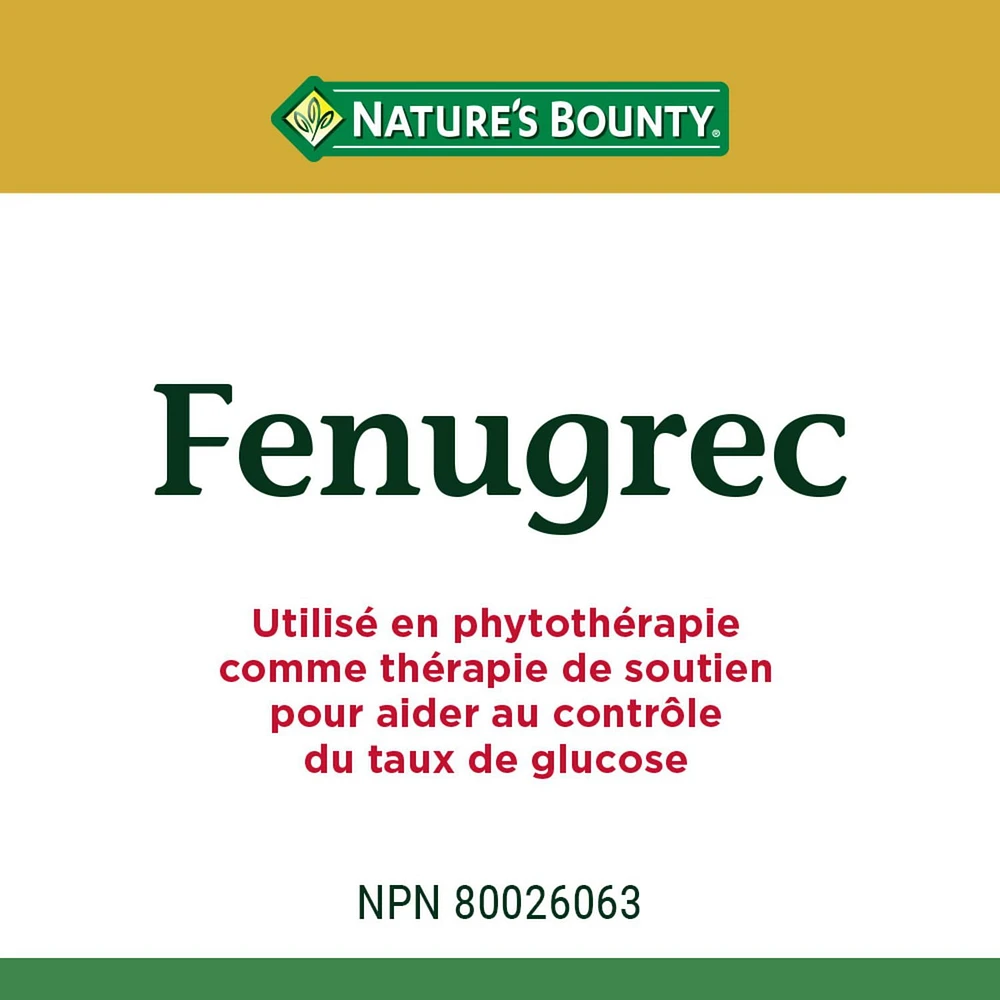 NATURE'S BOUNTY Fenugrec, 610 mg, utilisé en phytothérapie comme traitement de soutien à une glycémie saine et pour favoriser la production de lait, 100 capsules 100 paquet 100 gélules