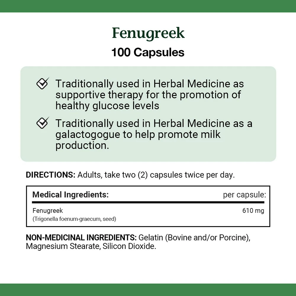 NATURE'S BOUNTY Fenugrec, 610 mg, utilisé en phytothérapie comme traitement de soutien à une glycémie saine et pour favoriser la production de lait, 100 capsules 100 paquet 100 gélules