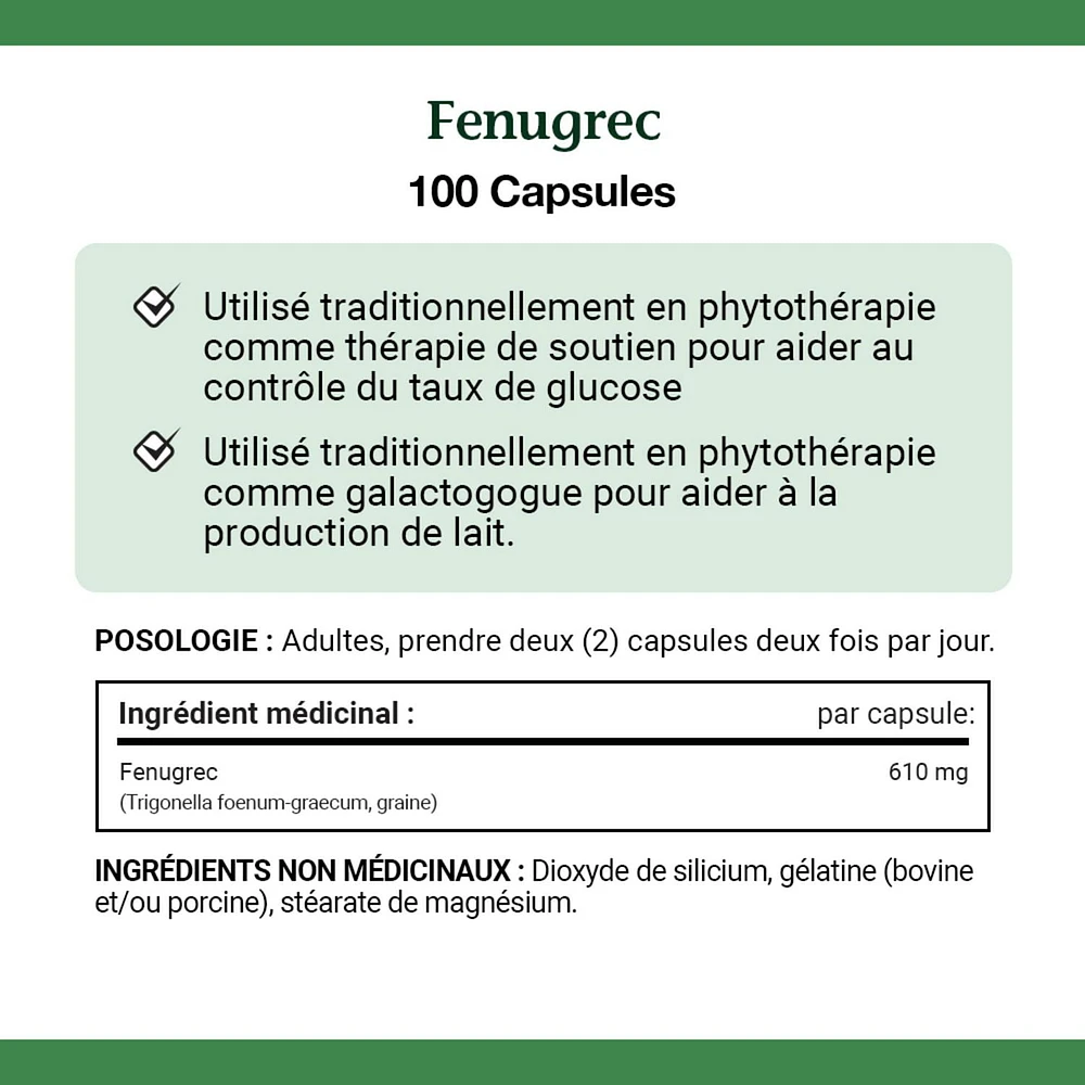 NATURE'S BOUNTY Fenugrec, 610 mg, utilisé en phytothérapie comme traitement de soutien à une glycémie saine et pour favoriser la production de lait, 100 capsules 100 paquet 100 gélules