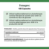 NATURE'S BOUNTY Fenugrec, 610 mg, utilisé en phytothérapie comme traitement de soutien à une glycémie saine et pour favoriser la production de lait, 100 capsules 100 paquet 100 gélules