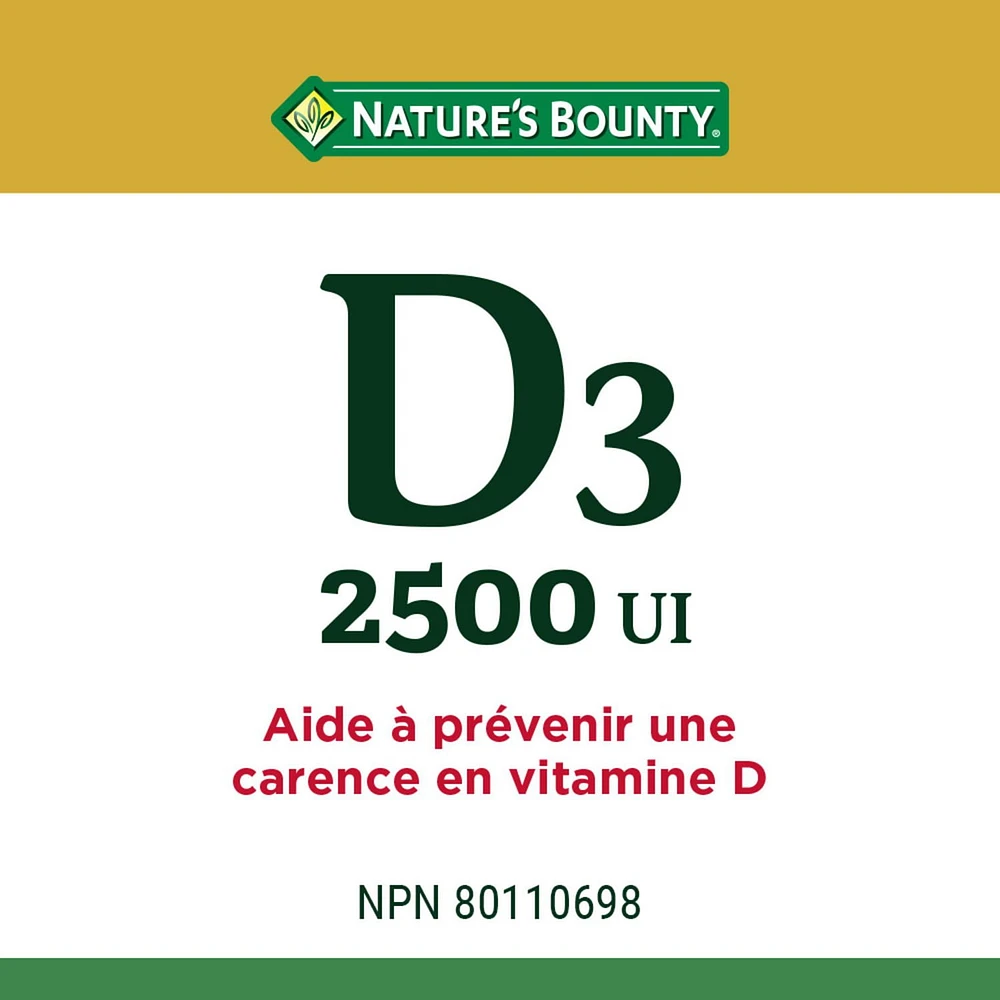 NATURE'S BOUNTY Vitamin D3, 2500 IU, Helps To Prevent Vitamin D Deficiency, Gluten-free, Dairy-free, Adults 18 And Older, 300 Softgels 300.0 count, 300 Softgels